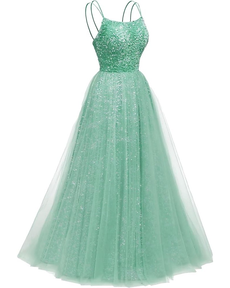 Sparkly Sequin Prom Dresses 2024 Long Tulle A-Line Spaghetti Straps Formal Evening Dresses Ball Gowns for Women Sage $44.00 D...