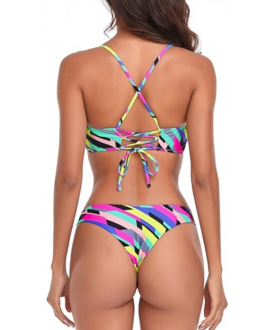 Women's Strappy Bikini Set Neon Striped $14.35 Swimsuits