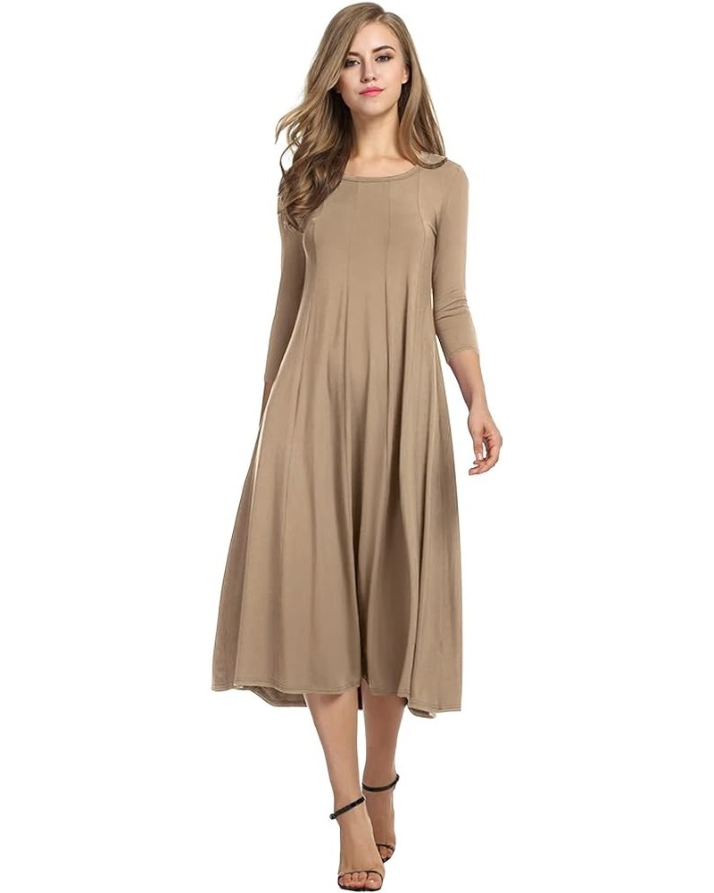 Women's 3/4 Sleeve A-line and Flare Midi Long Dress Khaki $21.08 Others