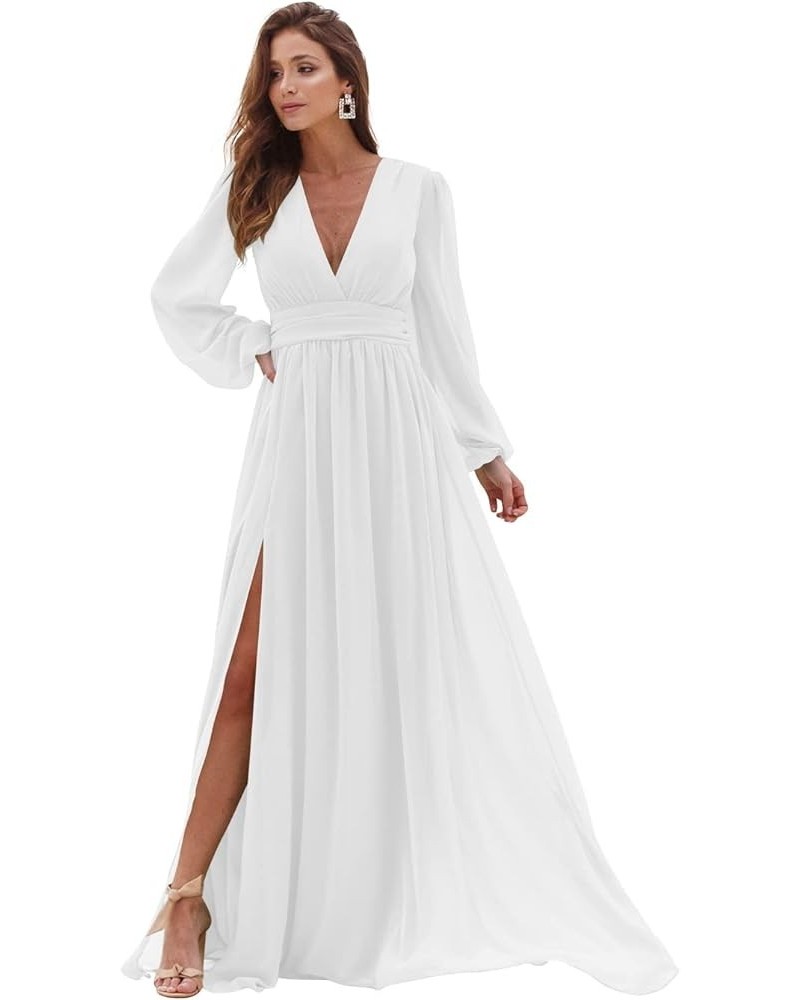 Long Sleeve Bridesmaid Dresses Long with Slit V Neck Chiffon Formal Gowns with Pockets SYYS094 White $29.70 Dresses