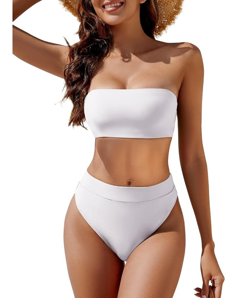 Women's High Waisted Bikini Swimsuit Two Piece Strapless Bandeau Cheeky Bathing Suits White $16.32 Swimsuits