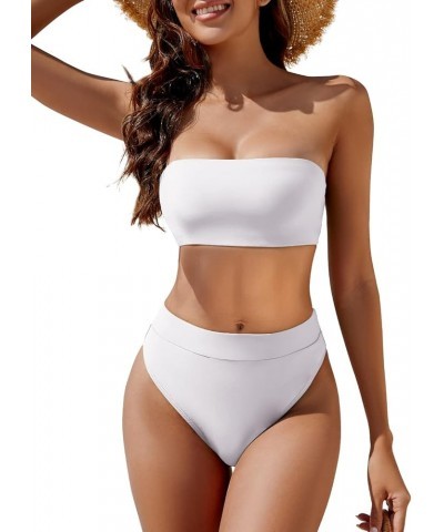 Women's High Waisted Bikini Swimsuit Two Piece Strapless Bandeau Cheeky Bathing Suits White $16.32 Swimsuits