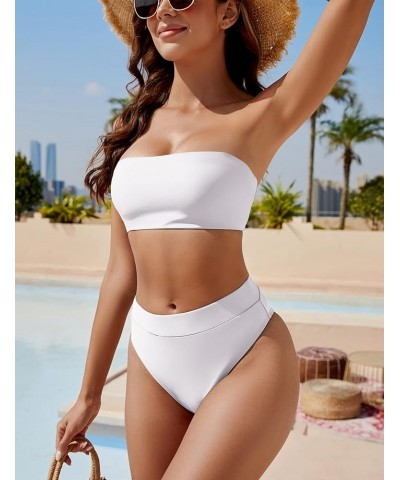 Women's High Waisted Bikini Swimsuit Two Piece Strapless Bandeau Cheeky Bathing Suits White $16.32 Swimsuits