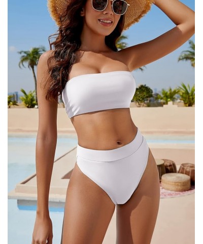 Women's High Waisted Bikini Swimsuit Two Piece Strapless Bandeau Cheeky Bathing Suits White $16.32 Swimsuits