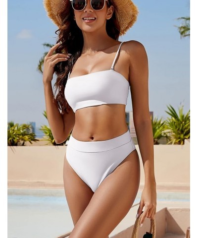 Women's High Waisted Bikini Swimsuit Two Piece Strapless Bandeau Cheeky Bathing Suits White $16.32 Swimsuits