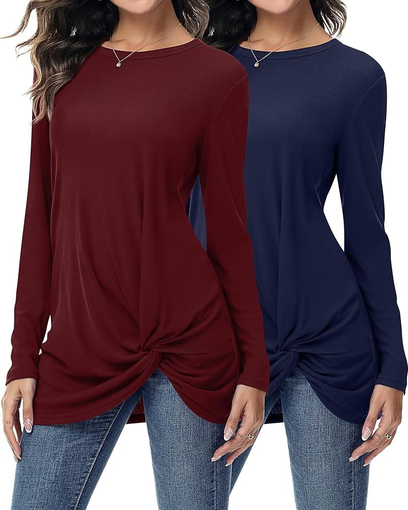 2 Pcs Womens Long Short Sleeve Shirts Casual Tops Twist Knot Tunic Tops Loose Blouses Tees Wine Red and Dark Blue, Long Sleev...