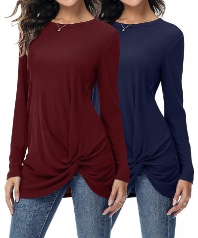 2 Pcs Womens Long Short Sleeve Shirts Casual Tops Twist Knot Tunic Tops Loose Blouses Tees Wine Red and Dark Blue, Long Sleev...