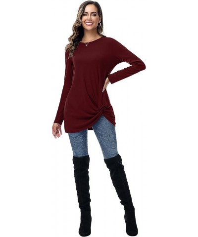 2 Pcs Womens Long Short Sleeve Shirts Casual Tops Twist Knot Tunic Tops Loose Blouses Tees Wine Red and Dark Blue, Long Sleev...