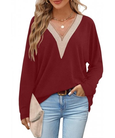 Fall Tunic Tops for Women Loose Fit Lace V Neck Long Sleeve Shirts Wine Red $10.59 Tops