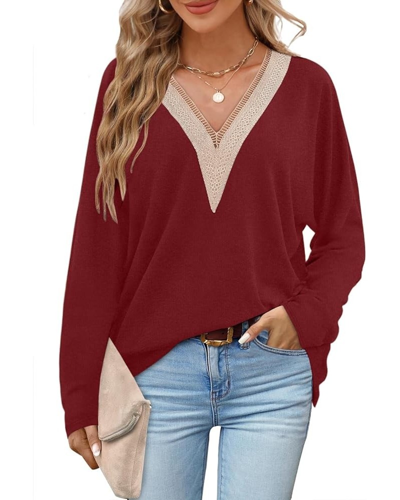 Fall Tunic Tops for Women Loose Fit Lace V Neck Long Sleeve Shirts Wine Red $10.59 Tops