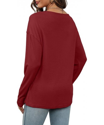 Fall Tunic Tops for Women Loose Fit Lace V Neck Long Sleeve Shirts Wine Red $10.59 Tops