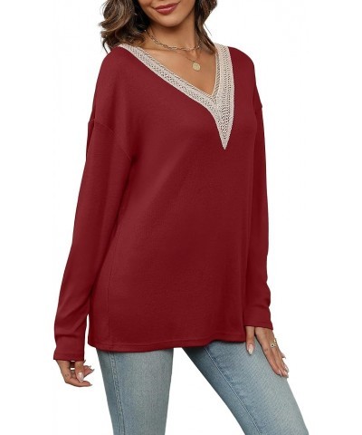 Fall Tunic Tops for Women Loose Fit Lace V Neck Long Sleeve Shirts Wine Red $10.59 Tops