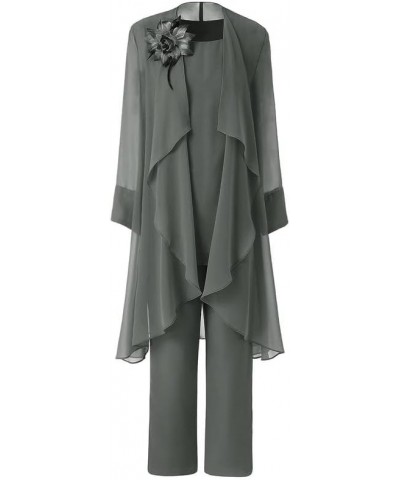 Mother of The Bride Pant Suits with Jacket 3Pcs Long Sleeve Wedding Outfit Set Chiffon Evening Fornal Gowns Steel Grey $44.00...