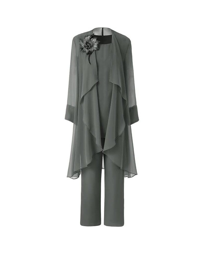 Mother of The Bride Pant Suits with Jacket 3Pcs Long Sleeve Wedding Outfit Set Chiffon Evening Fornal Gowns Steel Grey $44.00...