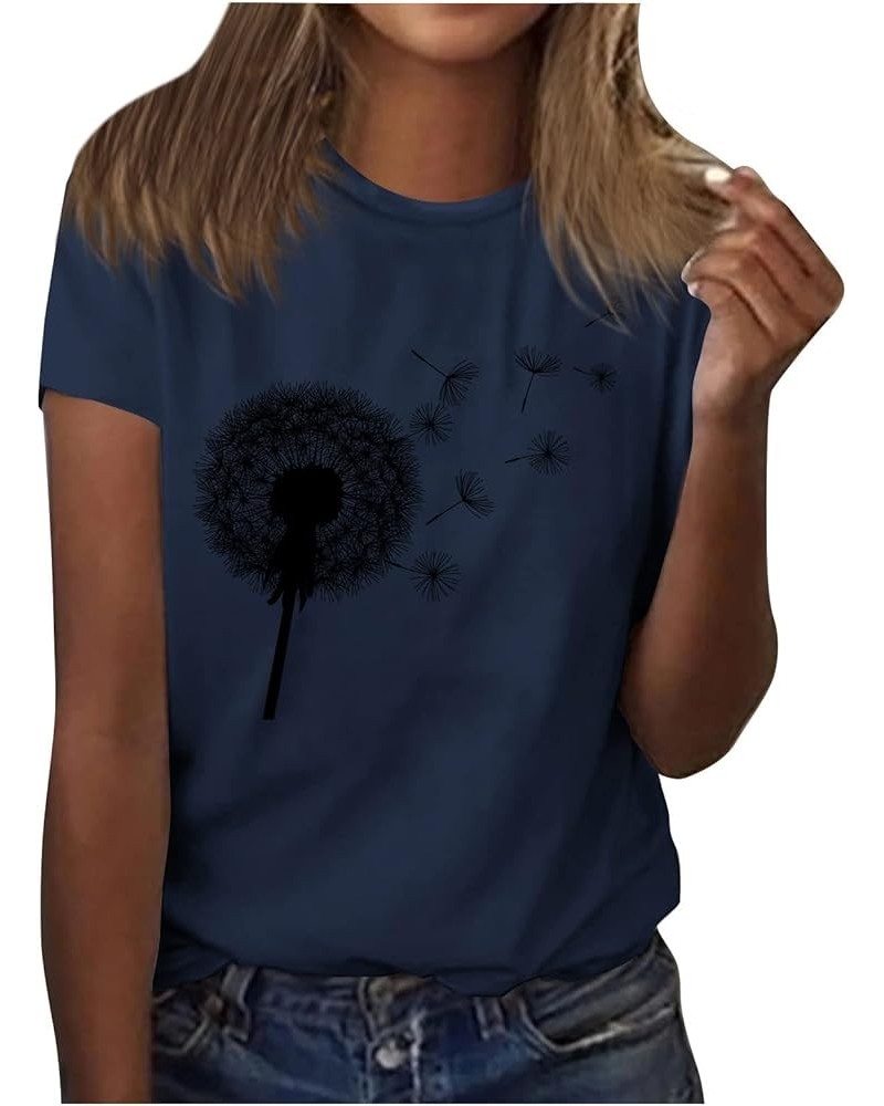 Tshirts Shirts for Women Summer Dandelion Print Solid Trendy Tops Short Sleeve Crewneck Spring Blouses Comfy Sexy S121-navy $...