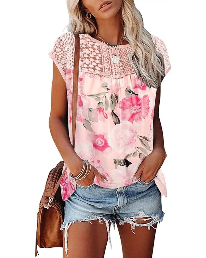 Womens Cap Sleeve Tops 2024 Trendy Floral Print Summer Tops Loose Fit Lace T Shirts Blouses Flower 12 $12.93 Blouses