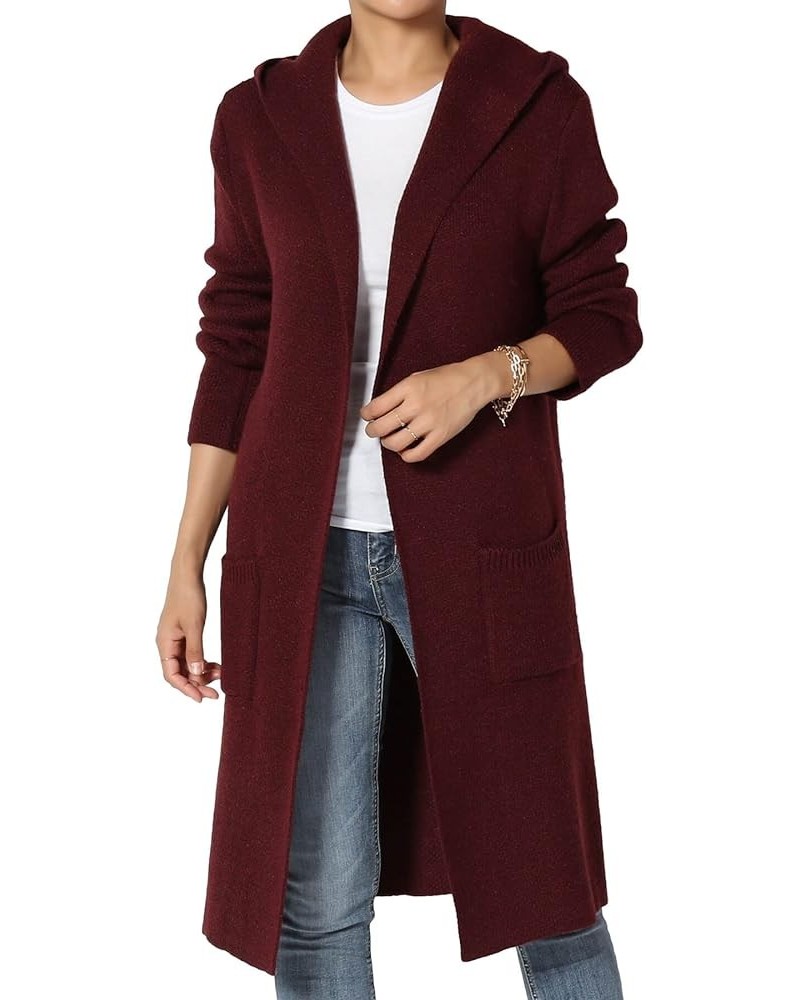 Women's Draped Waterfall Open Front Pocket Soft Fine Knit Sweater Cardigan Hooded Burgundy $20.29 Sweaters