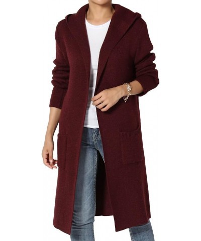 Women's Draped Waterfall Open Front Pocket Soft Fine Knit Sweater Cardigan Hooded Burgundy $20.29 Sweaters