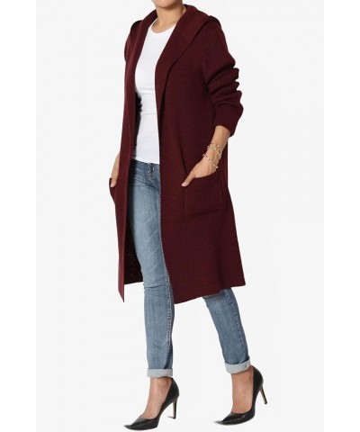 Women's Draped Waterfall Open Front Pocket Soft Fine Knit Sweater Cardigan Hooded Burgundy $20.29 Sweaters