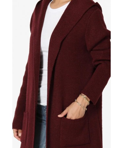 Women's Draped Waterfall Open Front Pocket Soft Fine Knit Sweater Cardigan Hooded Burgundy $20.29 Sweaters