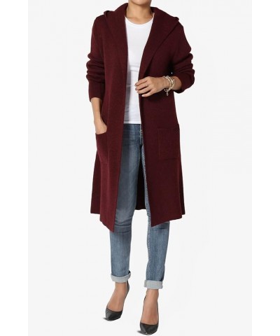 Women's Draped Waterfall Open Front Pocket Soft Fine Knit Sweater Cardigan Hooded Burgundy $20.29 Sweaters