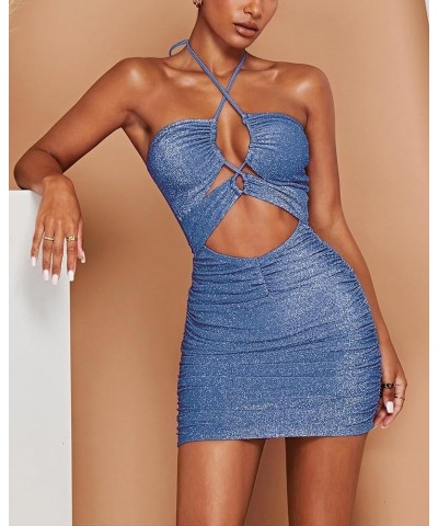 Women's Sexy Sequin Bodycon Dresses Crisscross Ruched Glitter Halter Party Club Cocktail Mini Dress Blue $13.25 Dresses