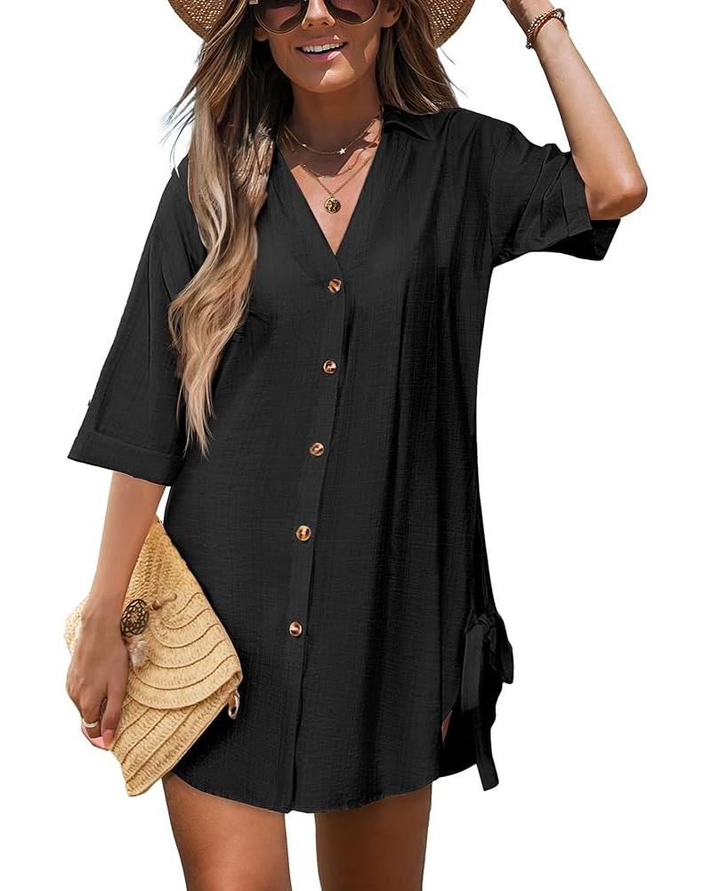 Womens Bathing Suit Cover Ups 3/4 Sleeve Bikini Swimsuit Coverup Drawstring Button Down Beach Dress Shirt Black $16.23 Swimsuits