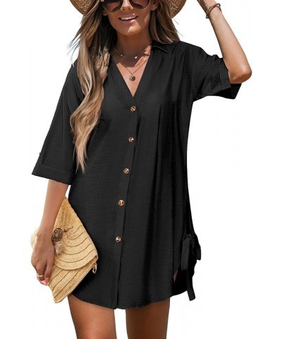 Womens Bathing Suit Cover Ups 3/4 Sleeve Bikini Swimsuit Coverup Drawstring Button Down Beach Dress Shirt Black $16.23 Swimsuits