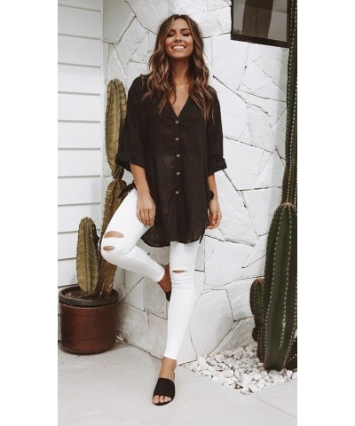 Womens Bathing Suit Cover Ups 3/4 Sleeve Bikini Swimsuit Coverup Drawstring Button Down Beach Dress Shirt Black $16.23 Swimsuits