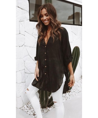 Womens Bathing Suit Cover Ups 3/4 Sleeve Bikini Swimsuit Coverup Drawstring Button Down Beach Dress Shirt Black $16.23 Swimsuits