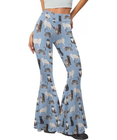 Women's Flare Leggings Tummy Control Causal Wide Leg Bell Bottoms Yoga Pants Cute Cat Blue $14.88 Leggings