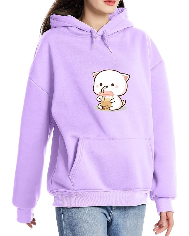 Cute Boba Cat Womens Hoodies Aesthetic Japanese Kawaii Anime Sweatshirt Boba Tea Cat Drinking Bubble Tea Pullover Purple $15....