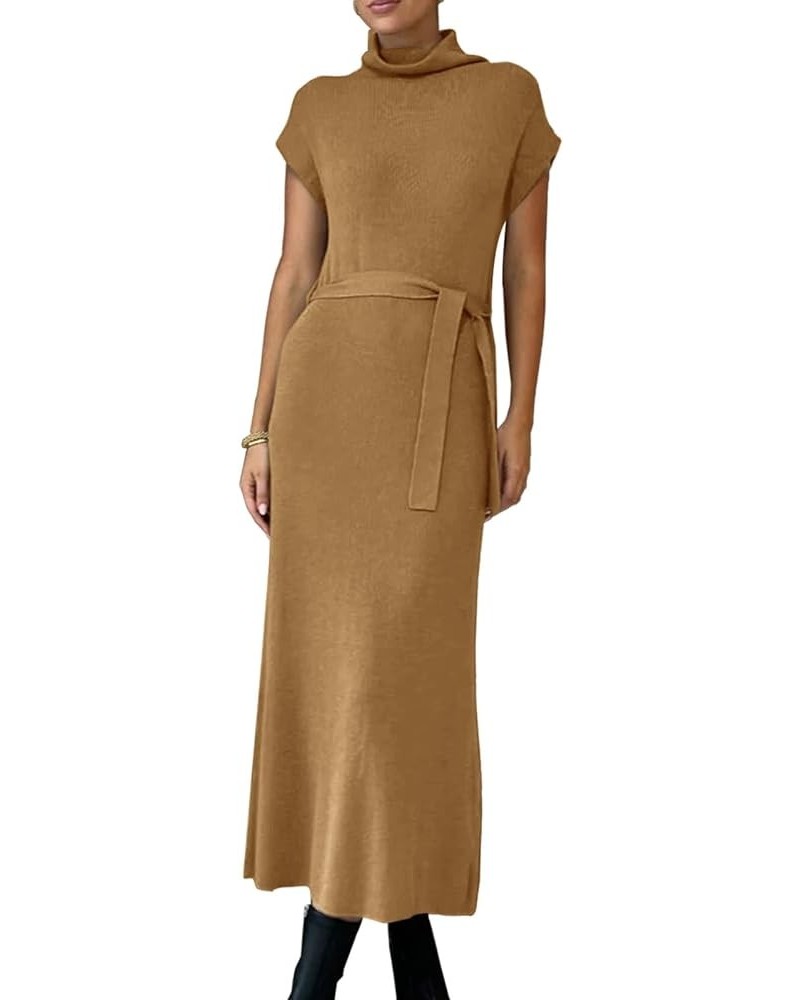 Womens Turtleneck Cap Sleeve Sweater Dress Ribbed Knit Side Slit Tie Waist Trendy Maxi Pullover Dresses Brown $11.49 Sweaters