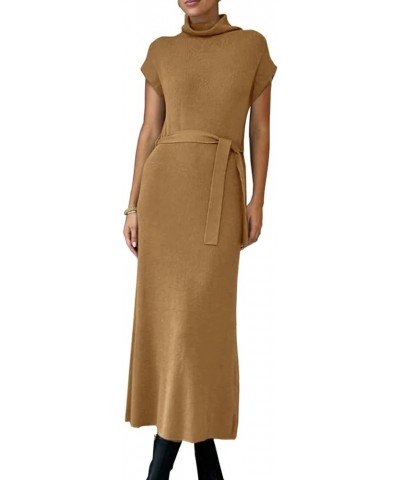 Womens Turtleneck Cap Sleeve Sweater Dress Ribbed Knit Side Slit Tie Waist Trendy Maxi Pullover Dresses Brown $11.49 Sweaters