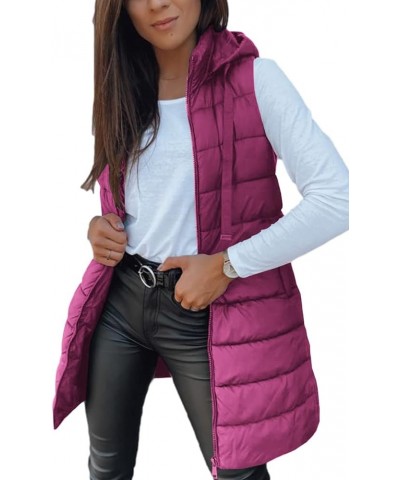 Women Long Vest Solid Color Sleeveless Hood Winter Puffer Vest Outwear Fuchsia $33.00 Vests