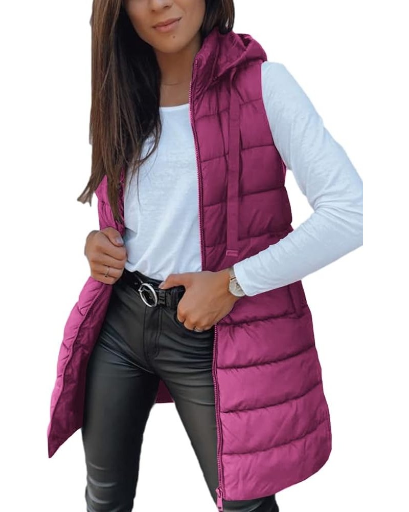 Women Long Vest Solid Color Sleeveless Hood Winter Puffer Vest Outwear Fuchsia $33.00 Vests