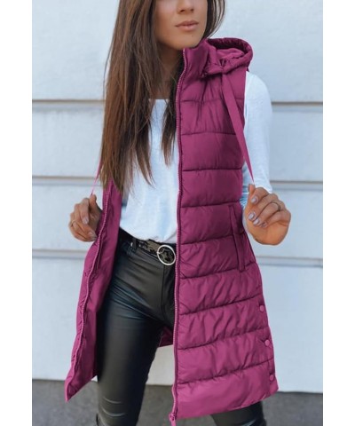 Women Long Vest Solid Color Sleeveless Hood Winter Puffer Vest Outwear Fuchsia $33.00 Vests