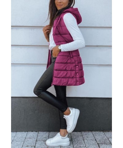 Women Long Vest Solid Color Sleeveless Hood Winter Puffer Vest Outwear Fuchsia $33.00 Vests