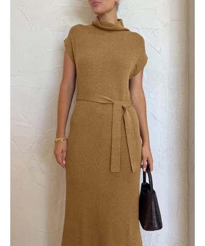 Womens Turtleneck Cap Sleeve Sweater Dress Ribbed Knit Side Slit Tie Waist Trendy Maxi Pullover Dresses Brown $11.49 Sweaters