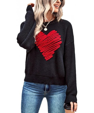 Women's Heart Print Long Sleeve Sweater Drop Shoulder Crewneck Pullover Top Black $16.81 Sweaters