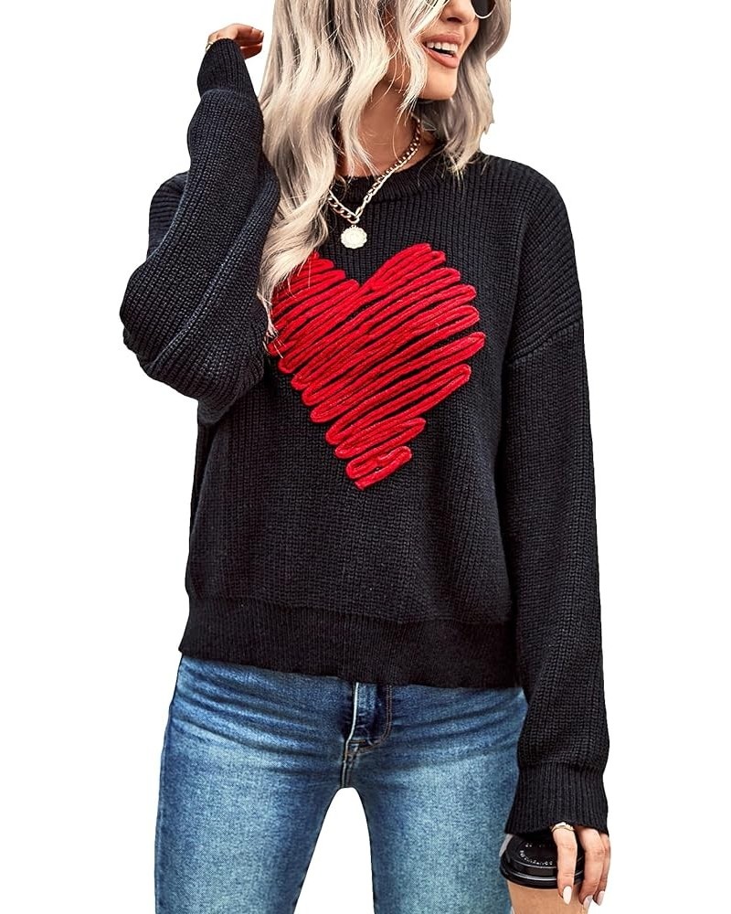 Women's Heart Print Long Sleeve Sweater Drop Shoulder Crewneck Pullover Top Black $16.81 Sweaters