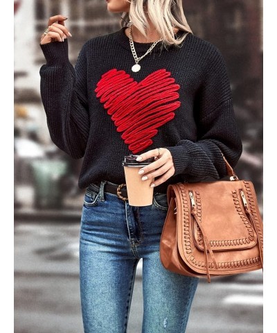 Women's Heart Print Long Sleeve Sweater Drop Shoulder Crewneck Pullover Top Black $16.81 Sweaters