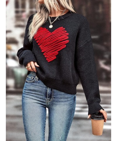 Women's Heart Print Long Sleeve Sweater Drop Shoulder Crewneck Pullover Top Black $16.81 Sweaters