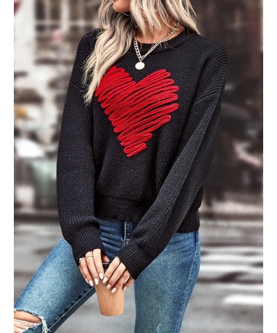 Women's Heart Print Long Sleeve Sweater Drop Shoulder Crewneck Pullover Top Black $16.81 Sweaters