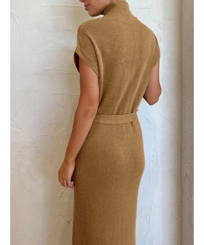 Womens Turtleneck Cap Sleeve Sweater Dress Ribbed Knit Side Slit Tie Waist Trendy Maxi Pullover Dresses Brown $11.49 Sweaters