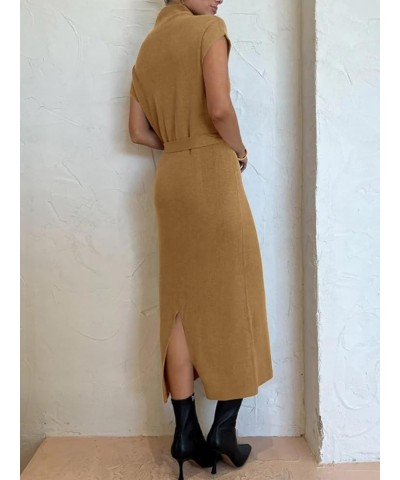 Womens Turtleneck Cap Sleeve Sweater Dress Ribbed Knit Side Slit Tie Waist Trendy Maxi Pullover Dresses Brown $11.49 Sweaters