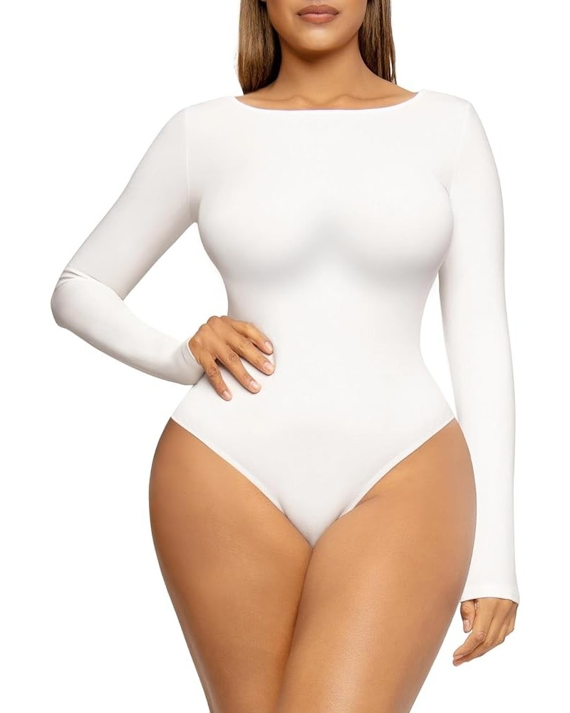 Women's Scoop Neck Bodysuit Long Sleeve Thong Body Suit Soft Body-Hugging Going Out T-shirt Tops White-crewneck $10.99 Bodysuits