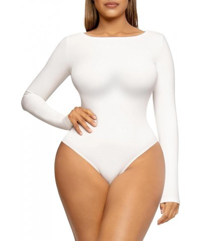 Women's Scoop Neck Bodysuit Long Sleeve Thong Body Suit Soft Body-Hugging Going Out T-shirt Tops White-crewneck $10.99 Bodysuits