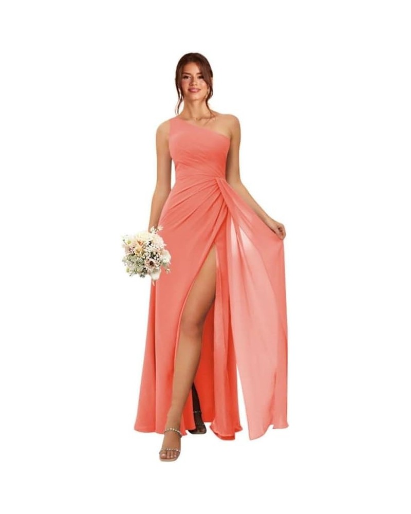 Bridesmaid Dresses for Women Long Chiffon One Shoulder Formal Dresses with Slit Pleated Evening Party Dress Coral $38.99 Dresses