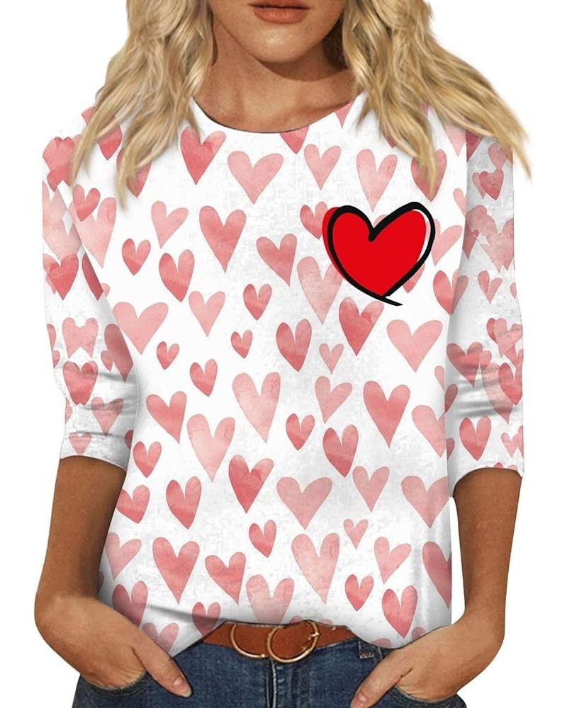 3/4 Sleeve Shirts for Women Funny Love Heart Graphic Round Tops 2024 Valentine's Day Fashion Tops 07white $9.89 Shirts